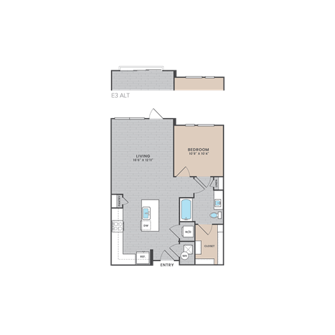 Floor plan for 1 bed, 1 bath, 712 sqft